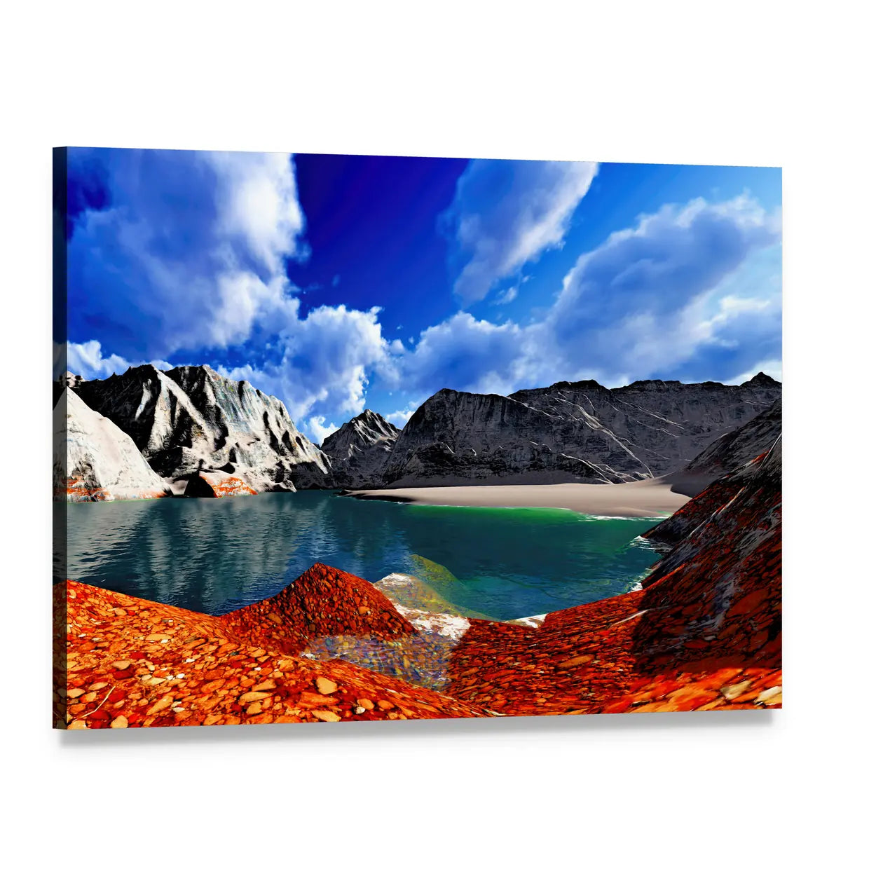 Mountain Lake with Turquoise Water Canvas Wall Art, single panel gallery wrapped canvas, angled product view