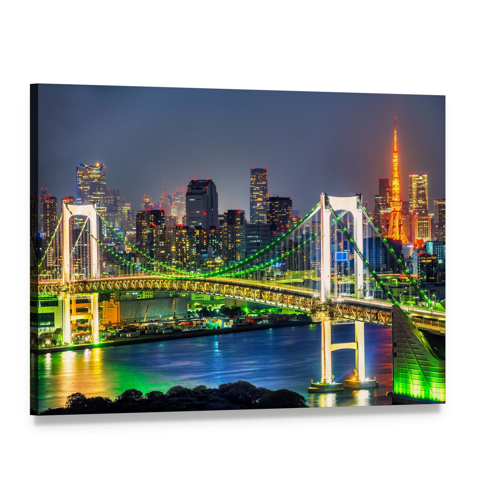 Illuminated Rainbow Bridge Over Tokyo Skyline Canvas Wall Art, single panel gallery wrapped canvas, angled product view