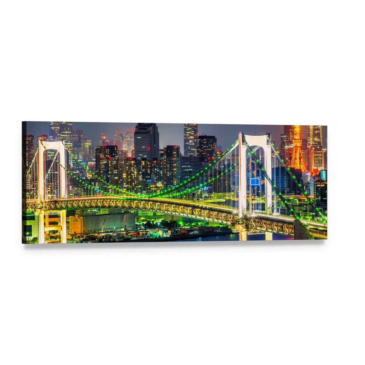 Rainbow Bridge at Night Tokyo Skyline Panoramic Canvas Wall Art, single panel gallery wrapped canvas, angled product view