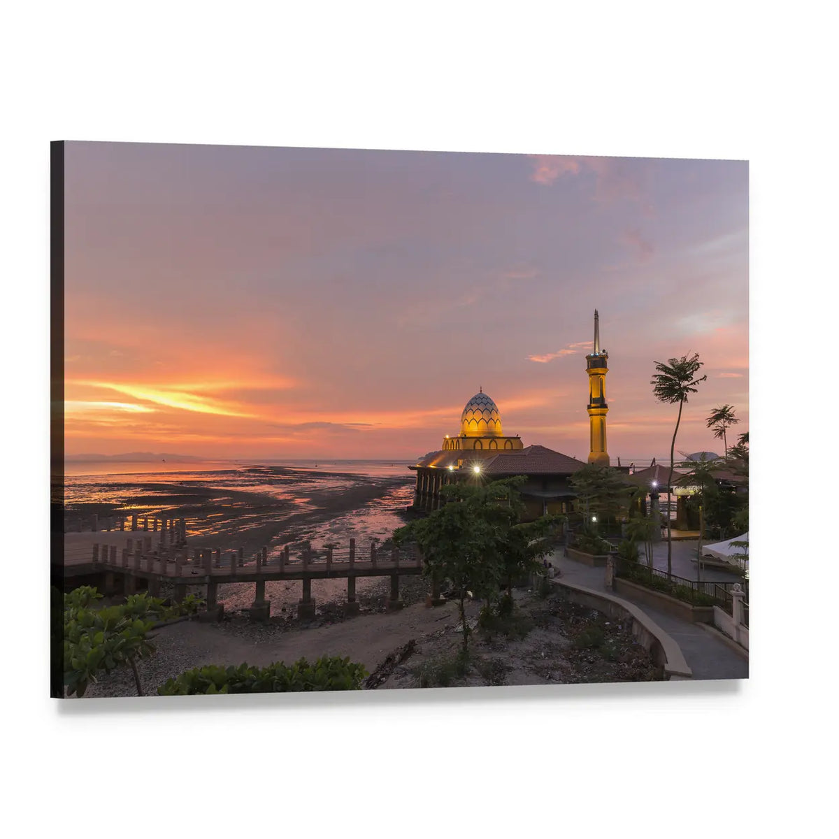 Al-hussain Mosque at Sunset Canvas Wall Art, single panel gallery wrapped canvas, angled product view