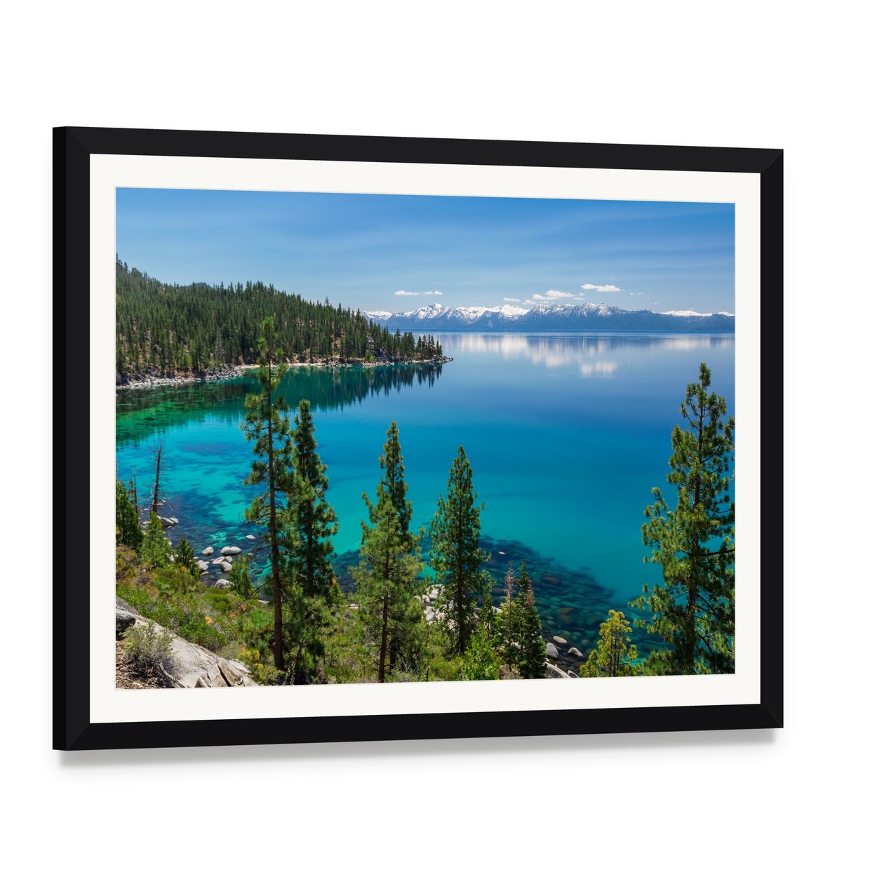 Lake Tahoe & Sierra Nevada Mountains Canvas Wall Art, framed print with white mat and black frame, angled product view