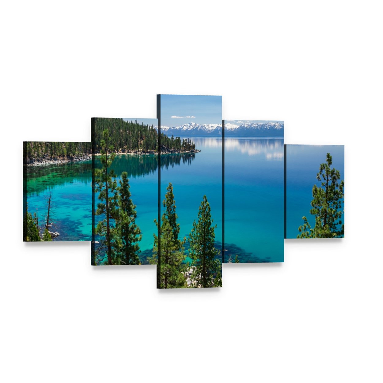 Lake Tahoe & Sierra Nevada Mountains Canvas Wall Art, 5 panel 5 Star layout gallery wrapped canvas set, angled product view