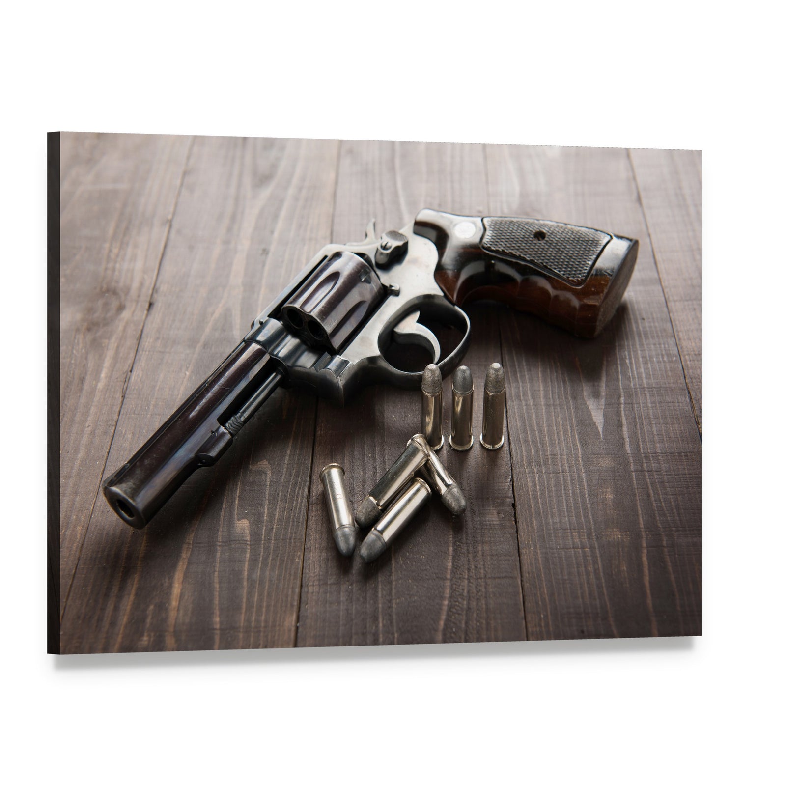 Vintage Revolver with Bullets Canvas Wall Art, single panel gallery wrapped canvas, angled product view