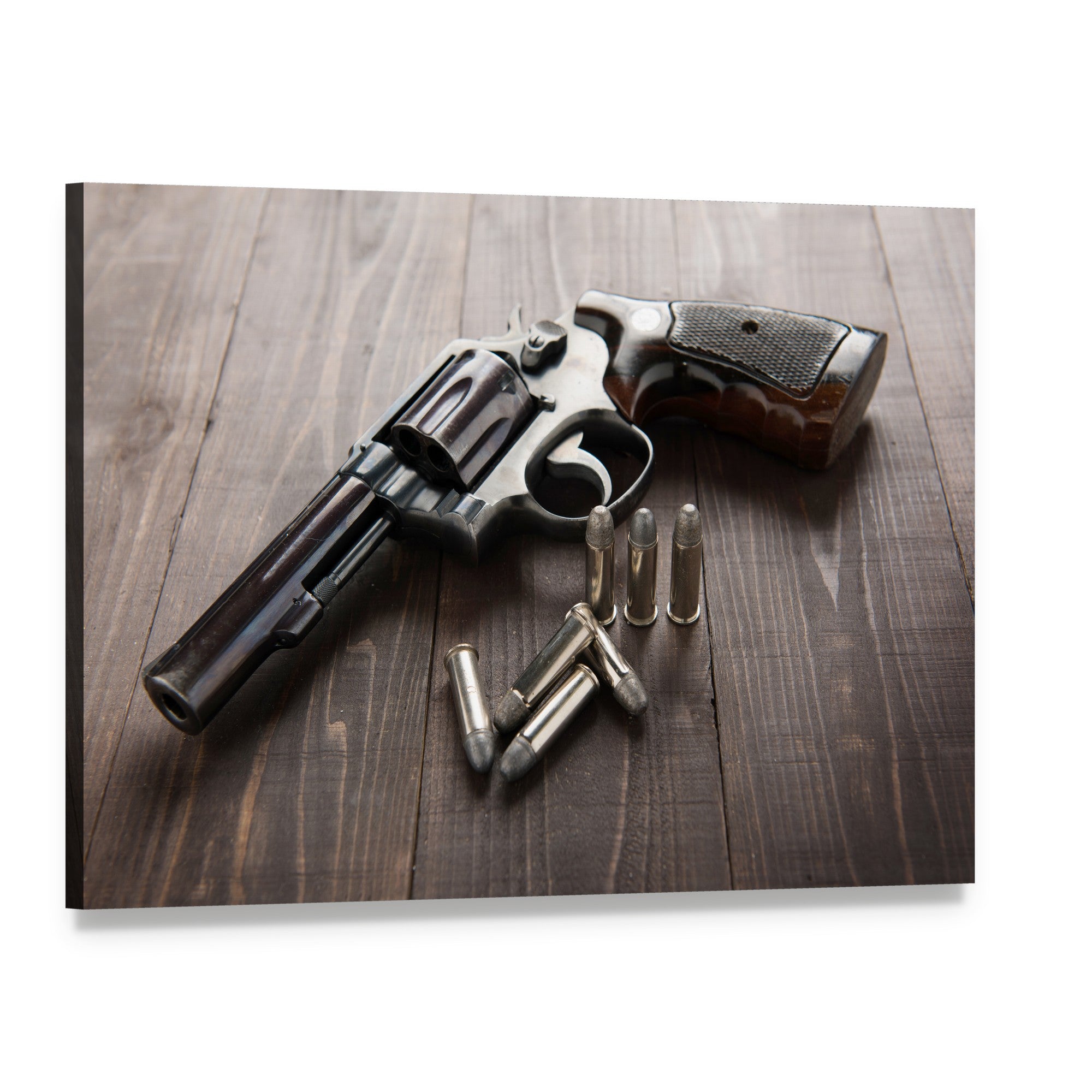 Vintage Revolver with Bullets Canvas Wall Art, single panel gallery wrapped canvas, angled product view