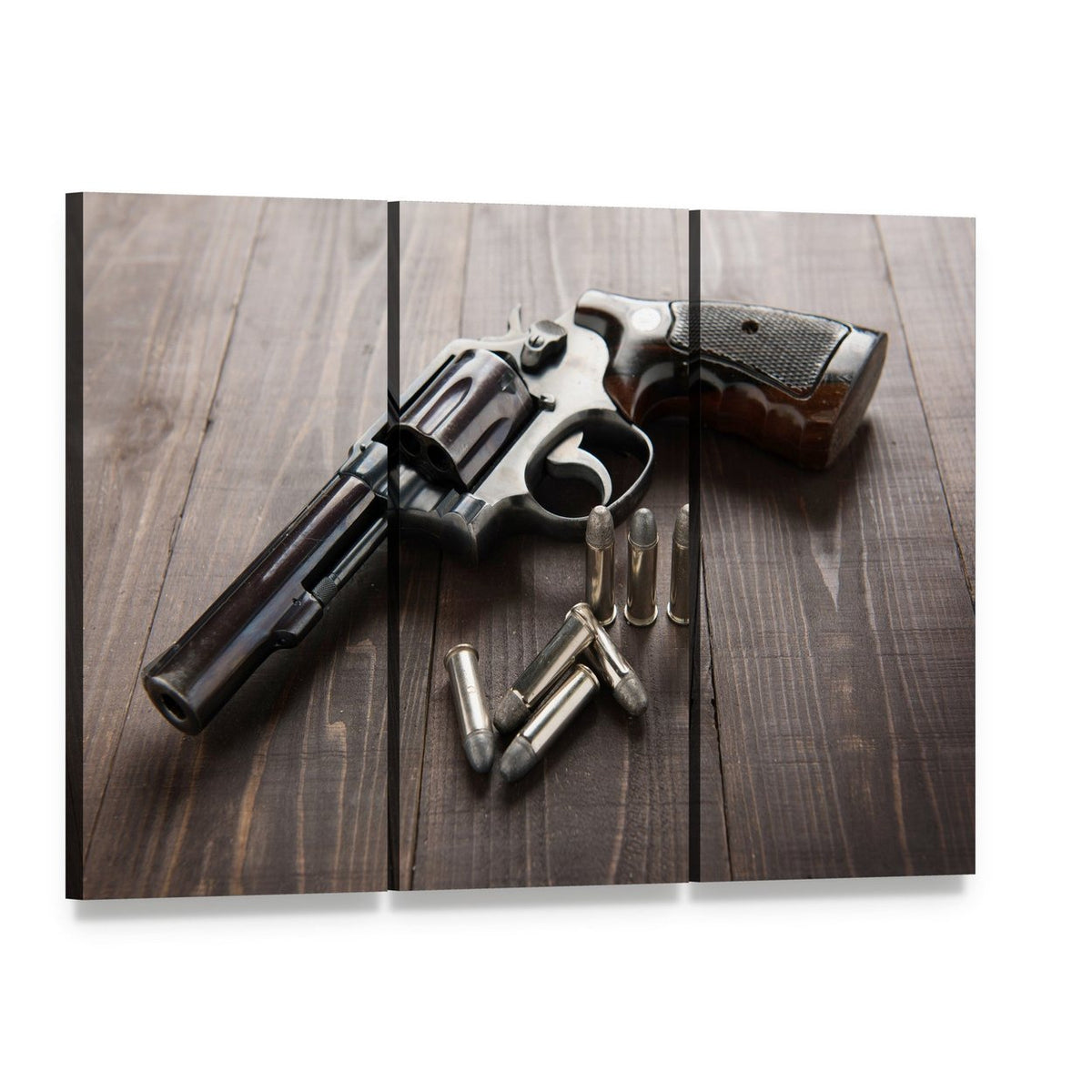 Vintage Revolver with Bullets Canvas Wall Art, 3 panel 3 Horizontal layout gallery wrapped canvas set, angled product view