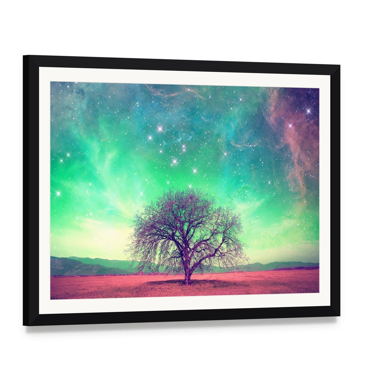 Red Alien Landscape with Lone Tree Canvas Wall Art, framed print with white mat and black frame, angled product view
