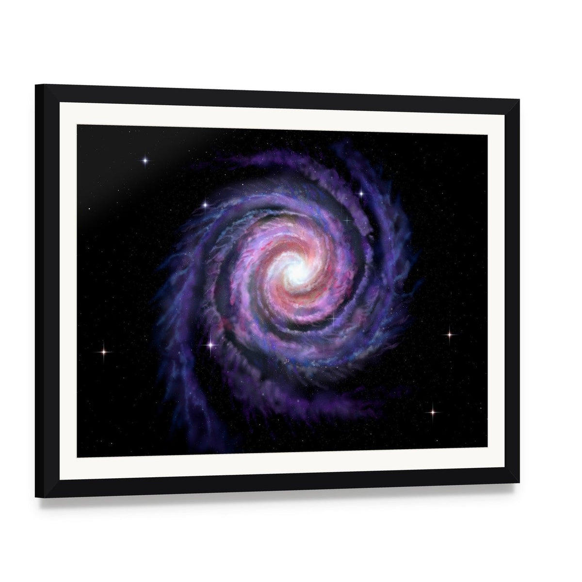Spiral Galaxy Illustration Canvas Wall Art, framed print with white mat and black frame, angled product view