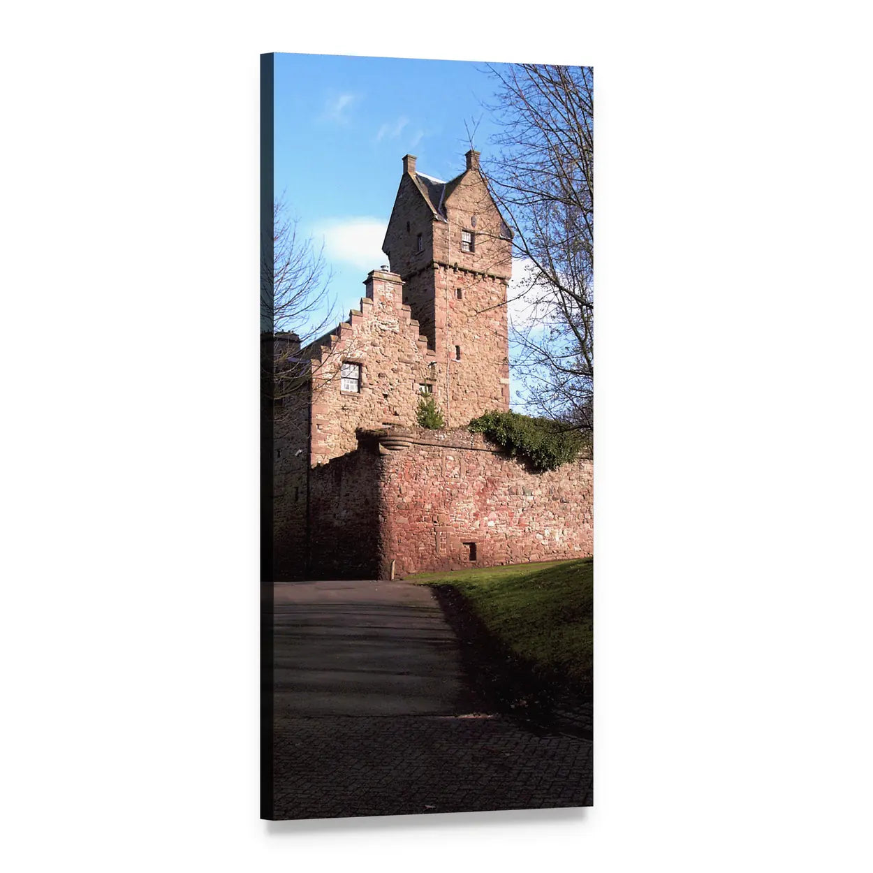 Cobblestone Path to Red Brick Castle Vertical Canvas Wall Art, 1 panel 1 Vertical layout gallery wrapped canvas set, angled product view