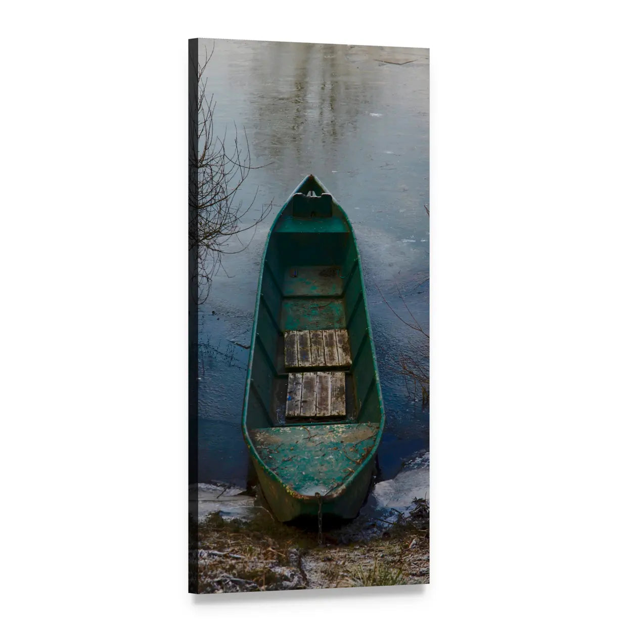 Weathered Green Rowboat on Frozen Shore Vertical Canvas Wall Art, 1 panel 1 Vertical layout gallery wrapped canvas set, angled product view