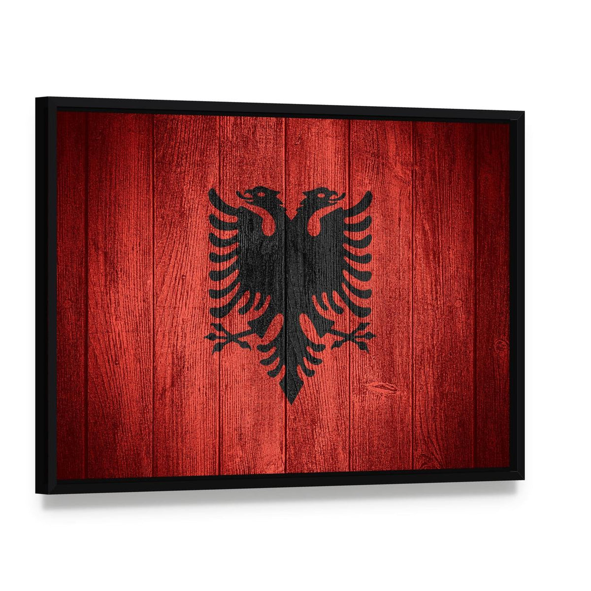 Albanian Flag on Wooden Planks Canvas Wall Art, framed canvas in a black floater frame, angled product view