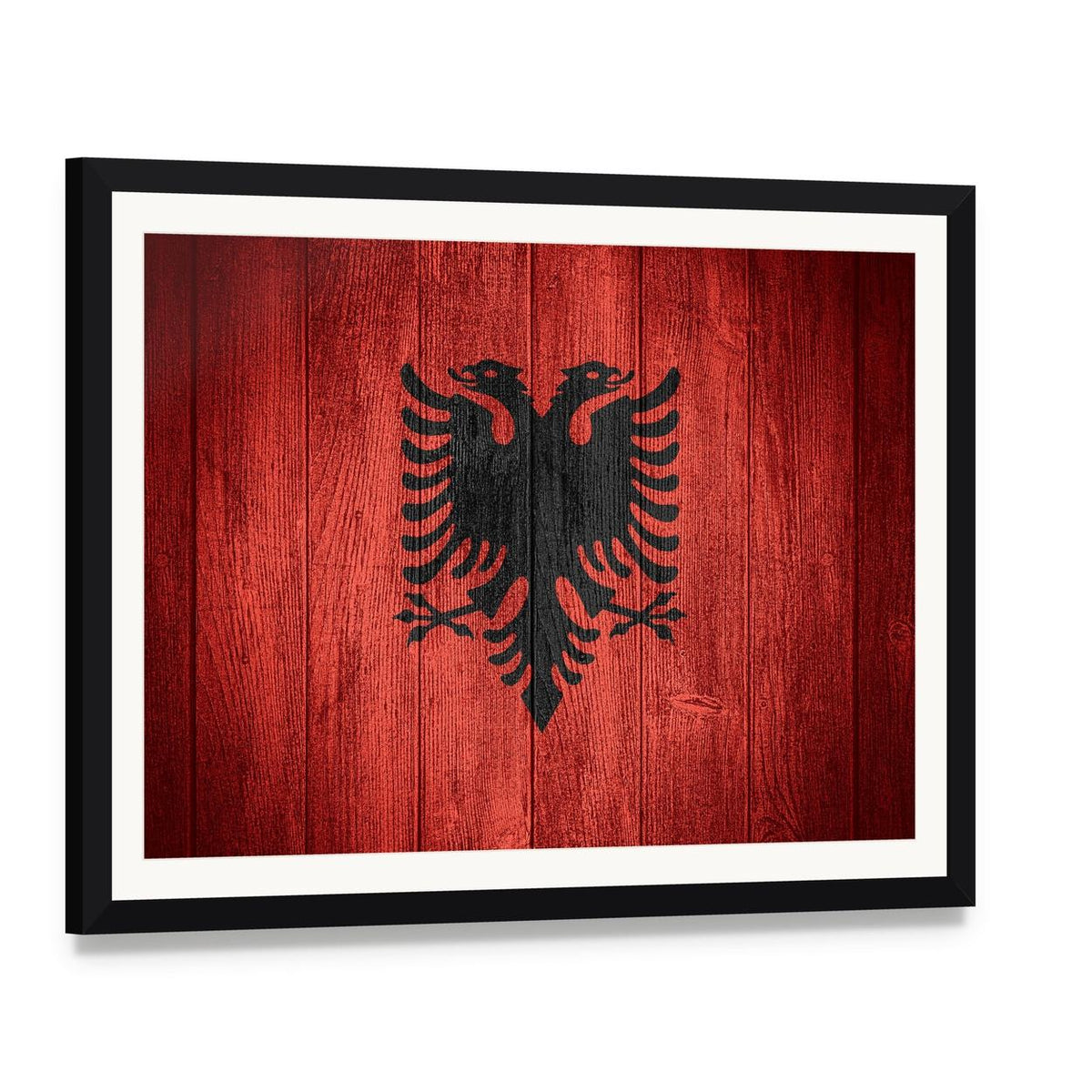 Albanian Flag on Wooden Planks Canvas Wall Art, framed print with white mat and black frame, angled product view