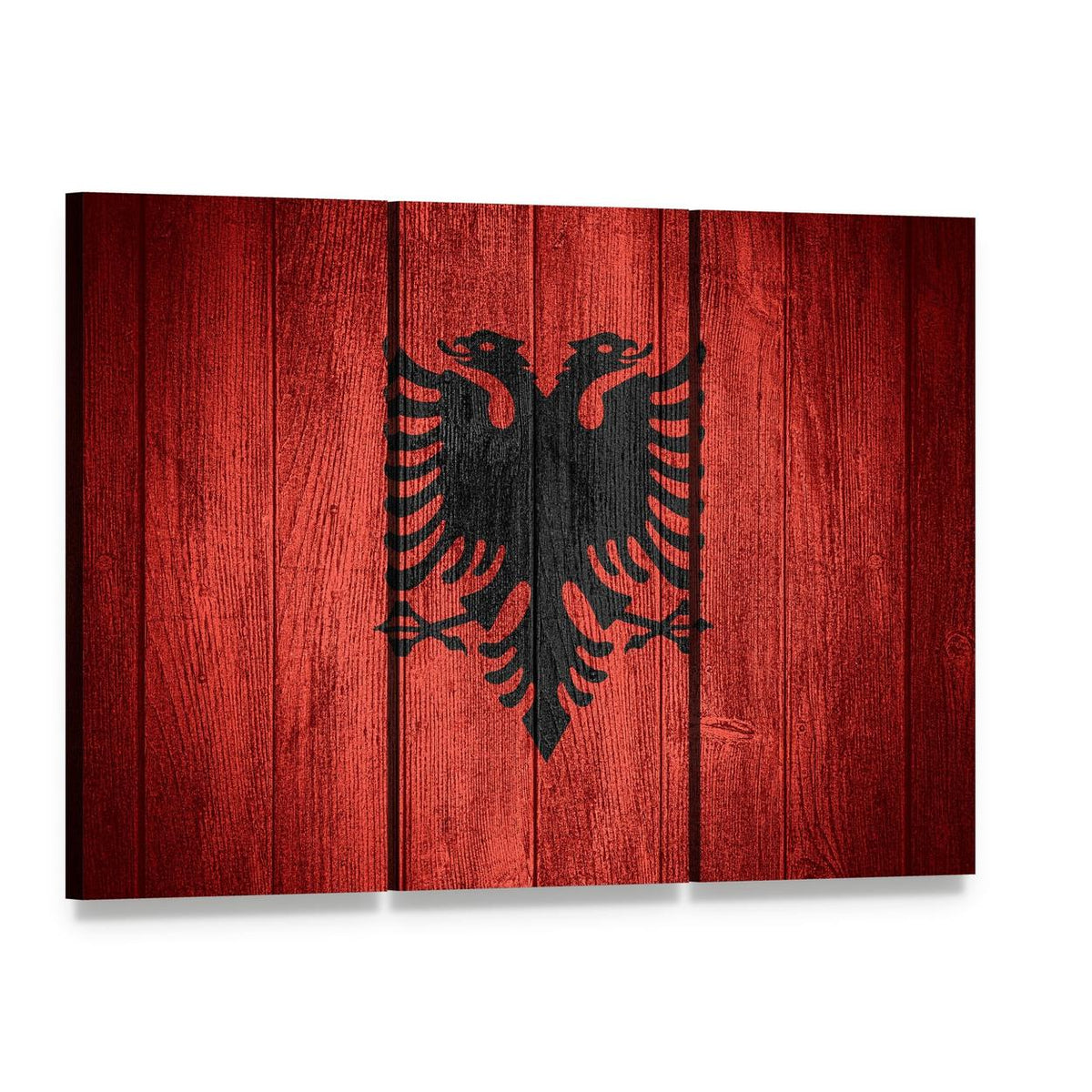 Albanian Flag on Wooden Planks Canvas Wall Art, 3 panel 3 Horizontal layout gallery wrapped canvas set, angled product view