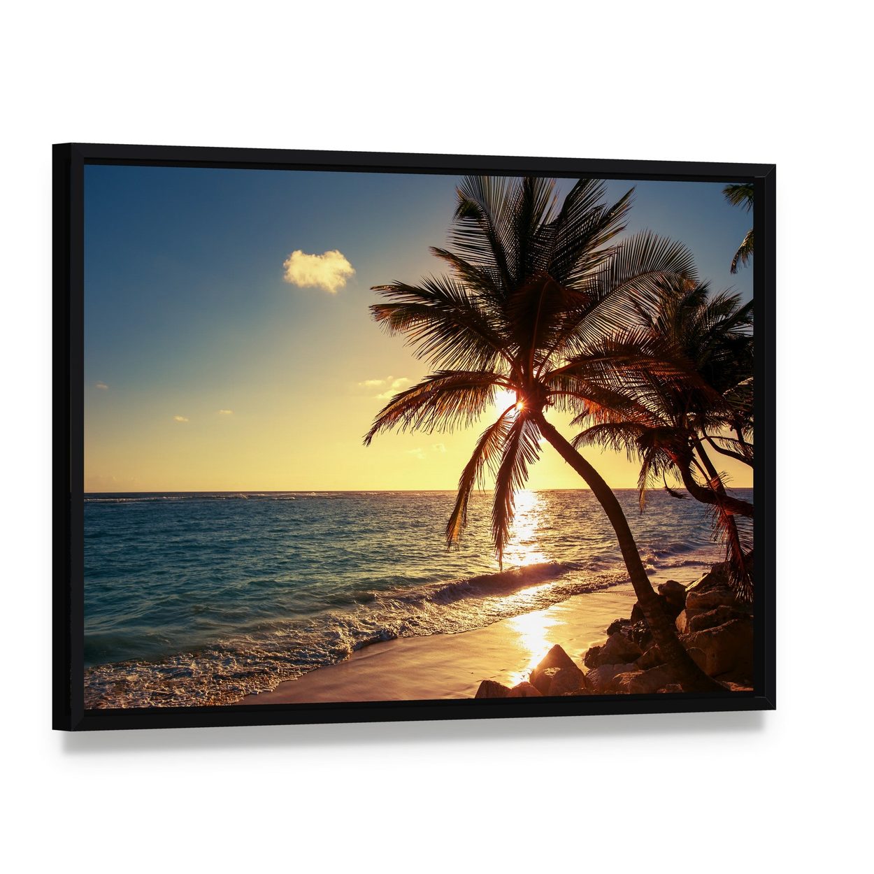 Palm Tree on Tropical Beach Canvas Wall Art, framed canvas in a black floater frame, angled product view