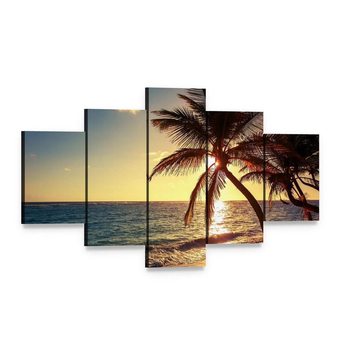 Palm Tree on Tropical Beach Canvas Wall Art, 5 panel 5 Star layout gallery wrapped canvas set, angled product view