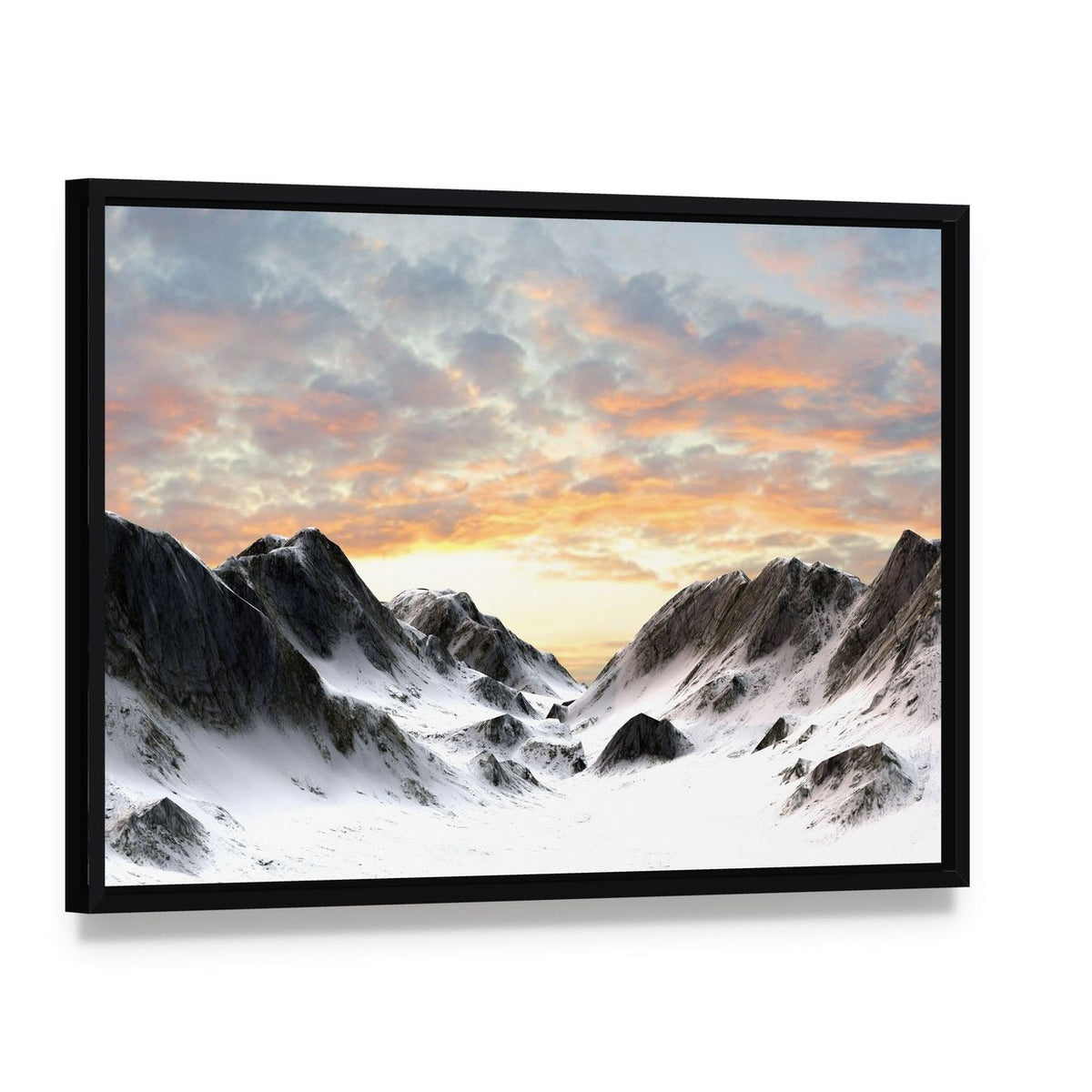 Snowy Mountain Peaks at Sunset Canvas Wall Art, framed canvas in a black floater frame, angled product view