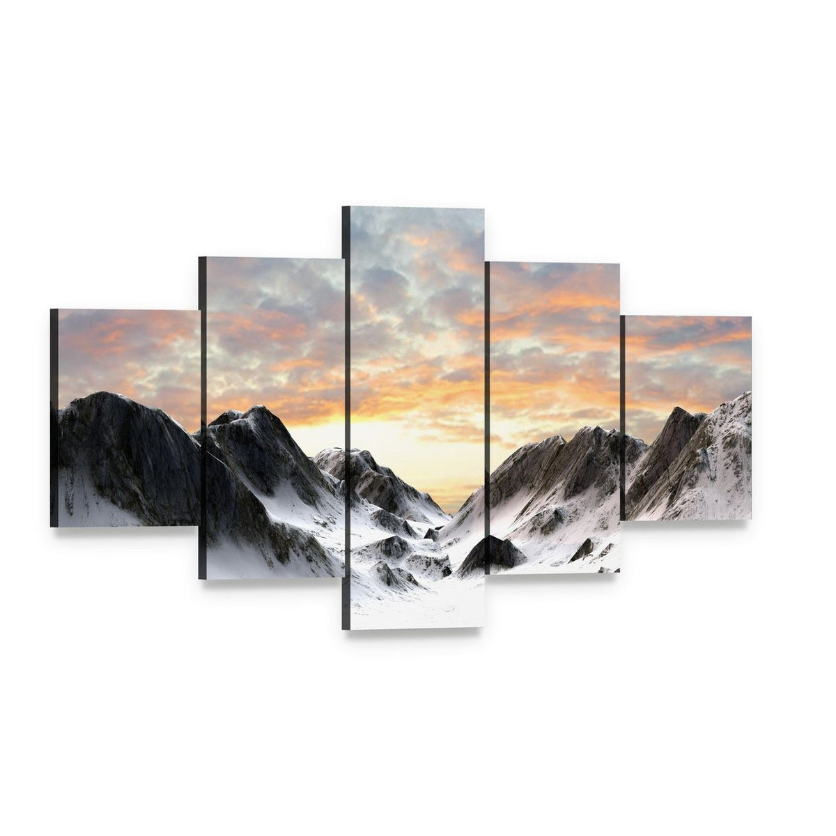 Snowy Mountain Peaks at Sunset Canvas Wall Art, 5 panel 5 Star layout gallery wrapped canvas set, angled product view