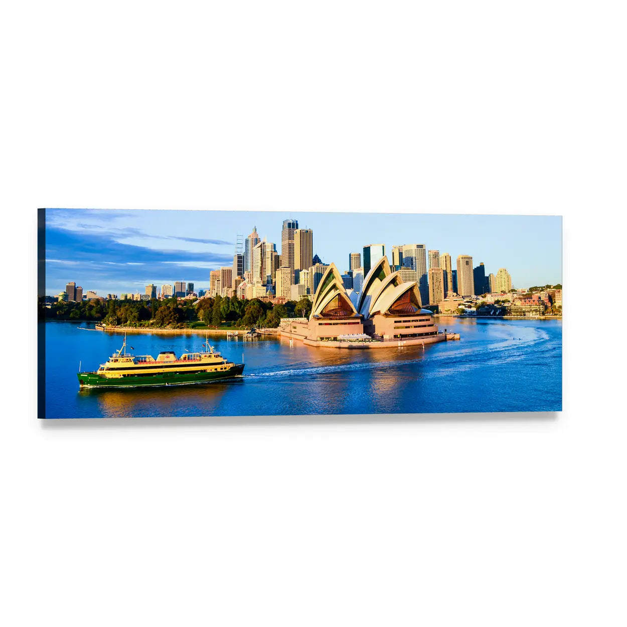 Sydney Opera House Harbor View Panoramic Canvas Wall Art, single panel gallery wrapped canvas, angled product view