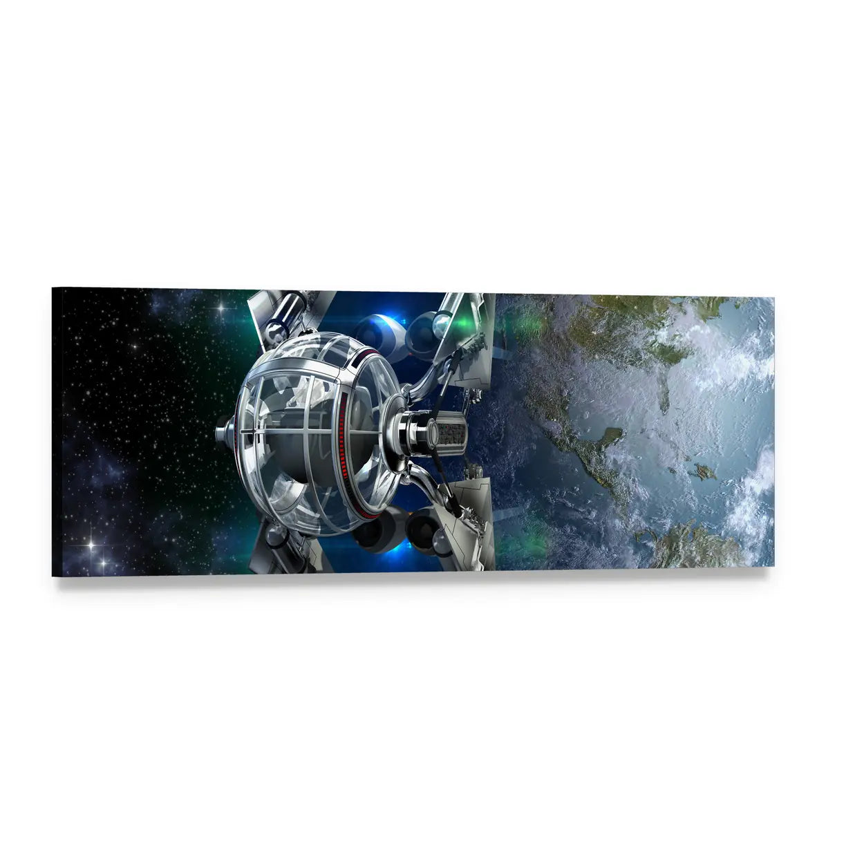 Alien Spaceship Orbiting Earth Panoramic Canvas Wall Art, single panel gallery wrapped canvas, angled product view
