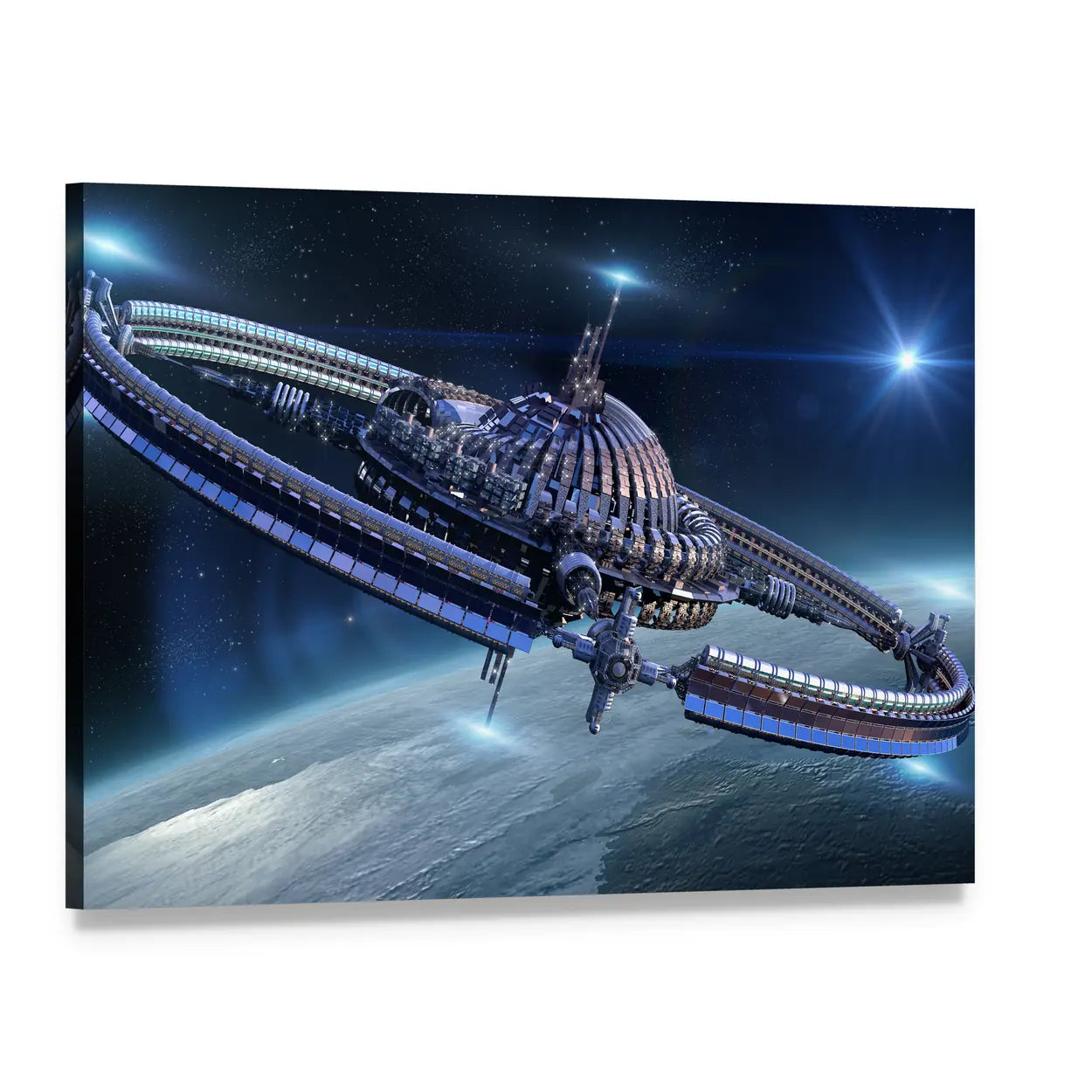Dome-core Spaceship with Gravity Ring Canvas Wall Art, single panel gallery wrapped canvas, angled product view