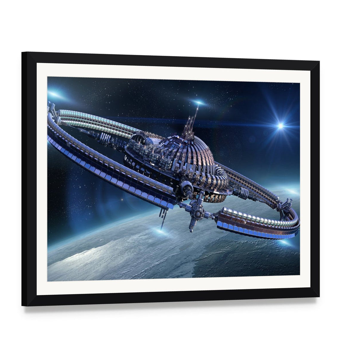 Spaceship with Dome Core and Gravitation Wheel Canvas Wall Art, framed print with white mat and black frame, angled product view