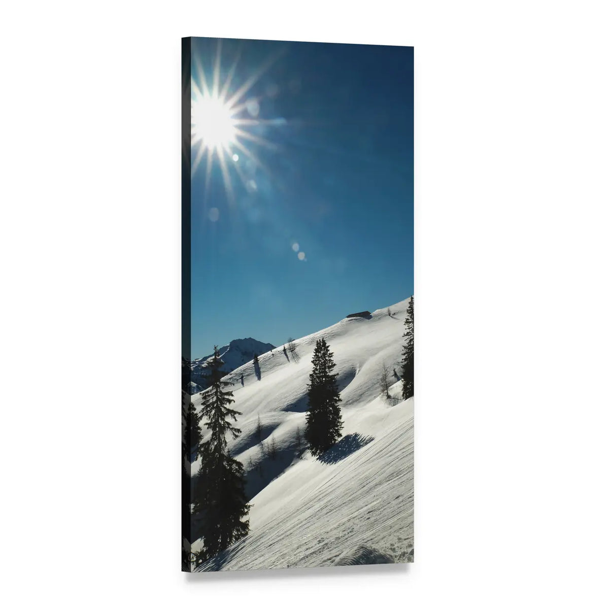 Sunburst Over Snowy Mountain Slope Vertical Canvas Wall Art, 1 panel 1 Vertical layout gallery wrapped canvas set, angled product view