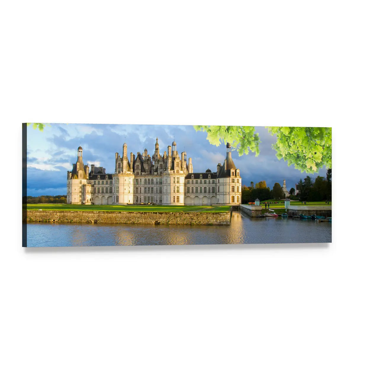 Chambord Castle with River Reflection Panoramic Canvas Wall Art, single panel gallery wrapped canvas, angled product view