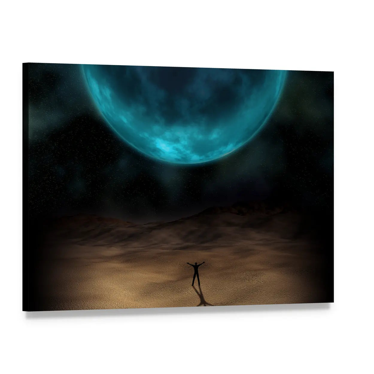 Silhouetted Figure Beneath Giant Blue Planet Canvas Wall Art, single panel gallery wrapped canvas, angled product view