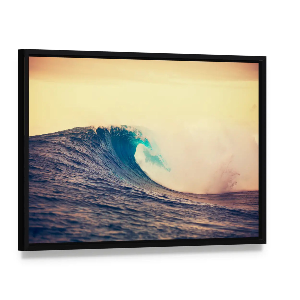 Cresting Ocean Wave with White Foam Canvas Wall Art, framed canvas in a black floater frame, angled product view