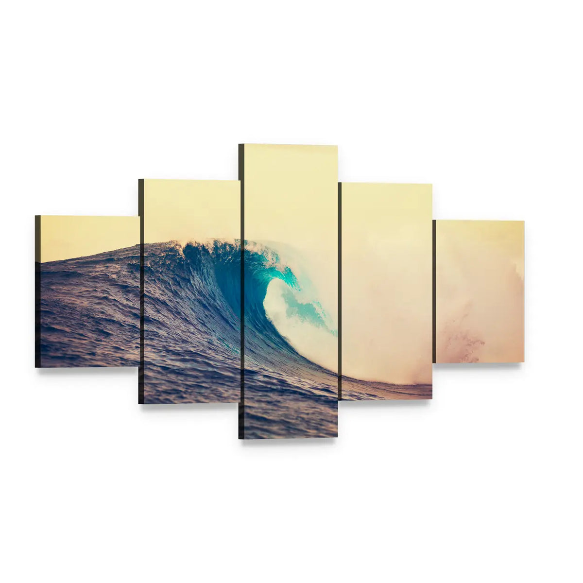 Cresting Ocean Wave with White Foam Canvas Wall Art, 5 panel 5 Star layout gallery wrapped canvas set, angled product view
