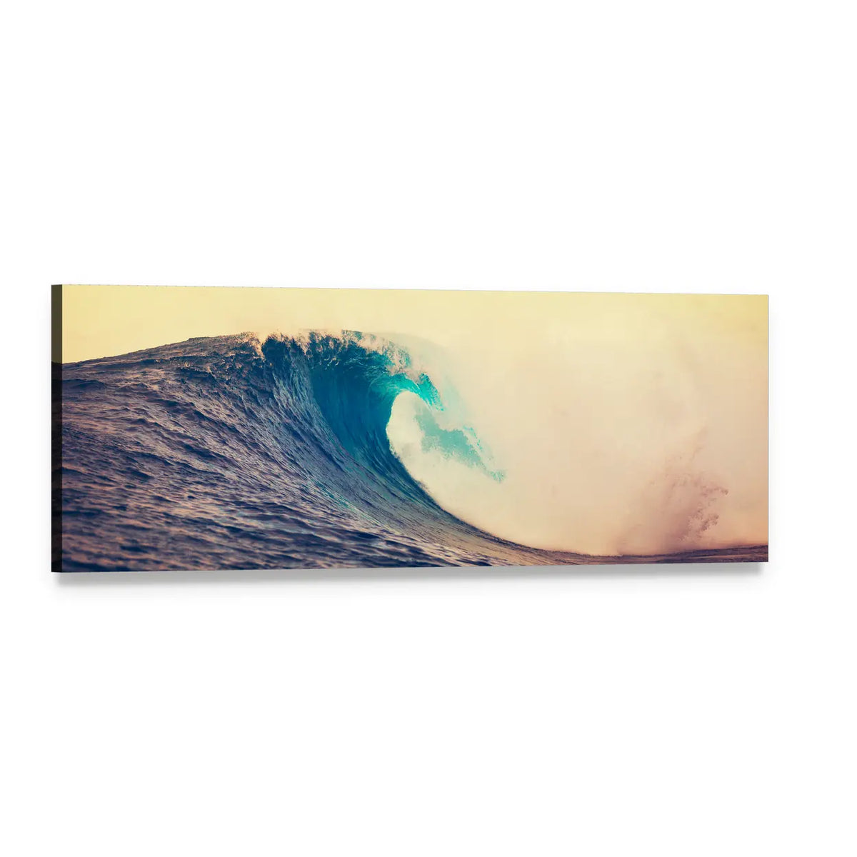 Cresting Ocean Wave with Sea Foam Panoramic Canvas Wall Art, single panel gallery wrapped canvas, angled product view
