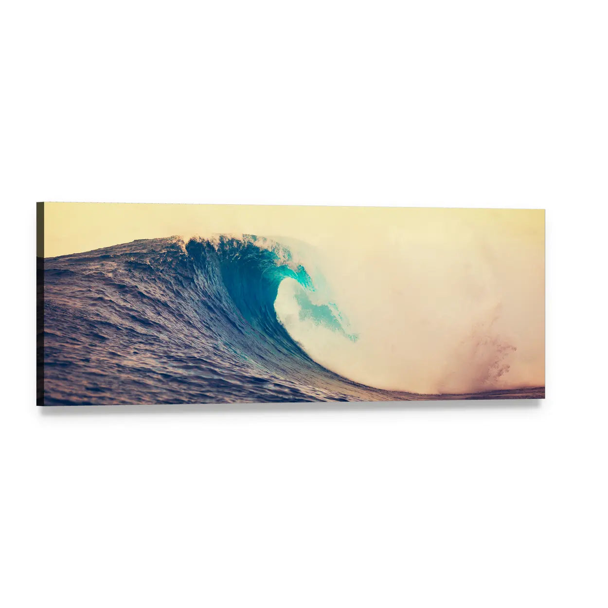 Cresting Ocean Wave with Sea Foam Panoramic Canvas Wall Art, single panel gallery wrapped canvas, angled product view