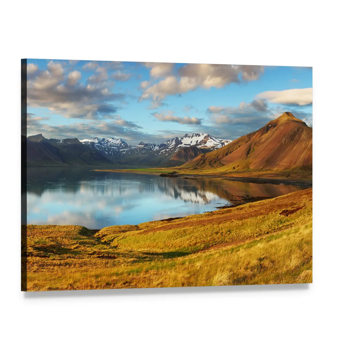 Iceland Mountains and Lake Reflection Canvas Wall Art, single panel gallery wrapped canvas, angled product view