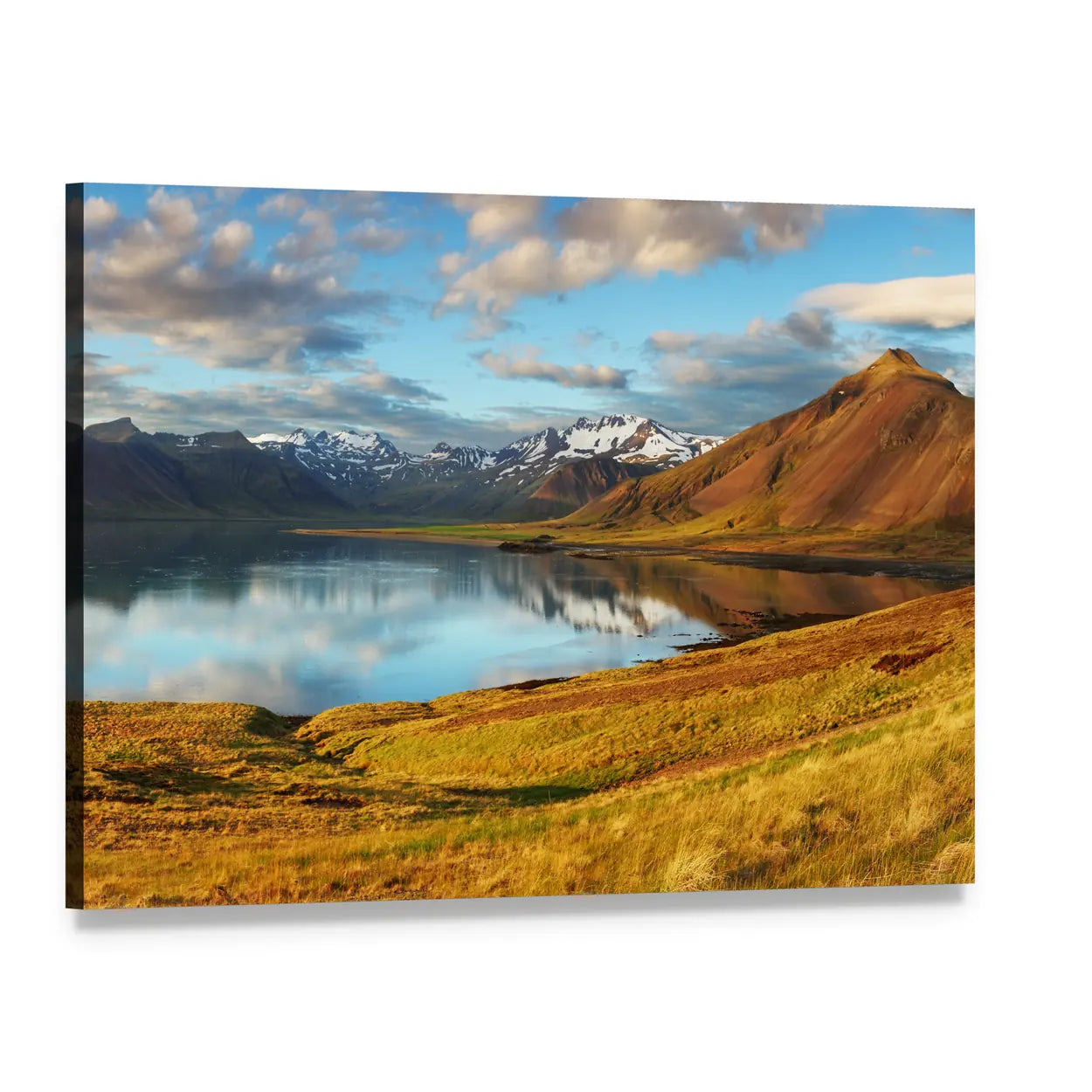 Iceland Mountains and Lake Reflection Canvas Wall Art, single panel gallery wrapped canvas, angled product view