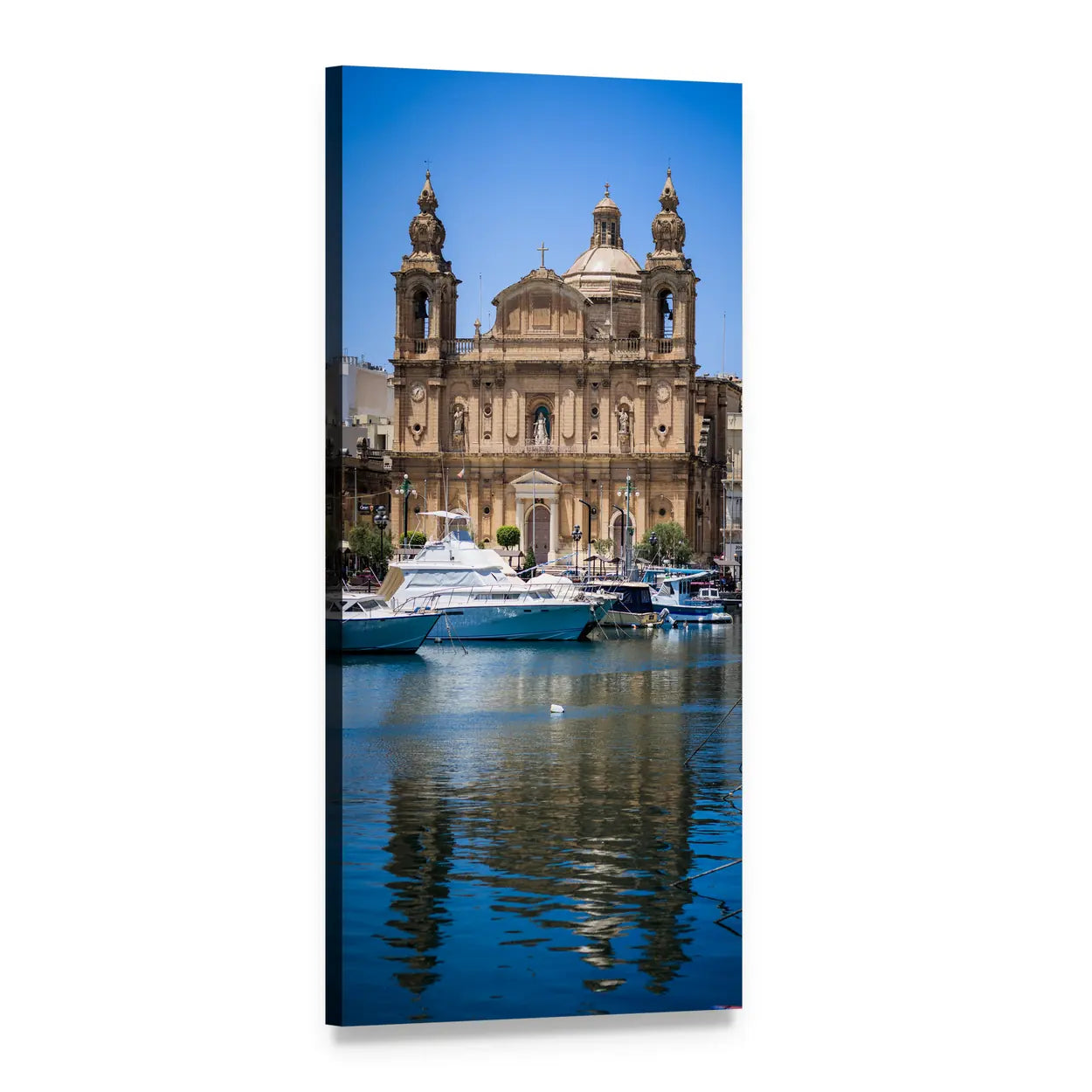Boat at Baroque Church in Malta Vertical Canvas Wall Art, 1 panel 1 Vertical layout gallery wrapped canvas set, angled product view