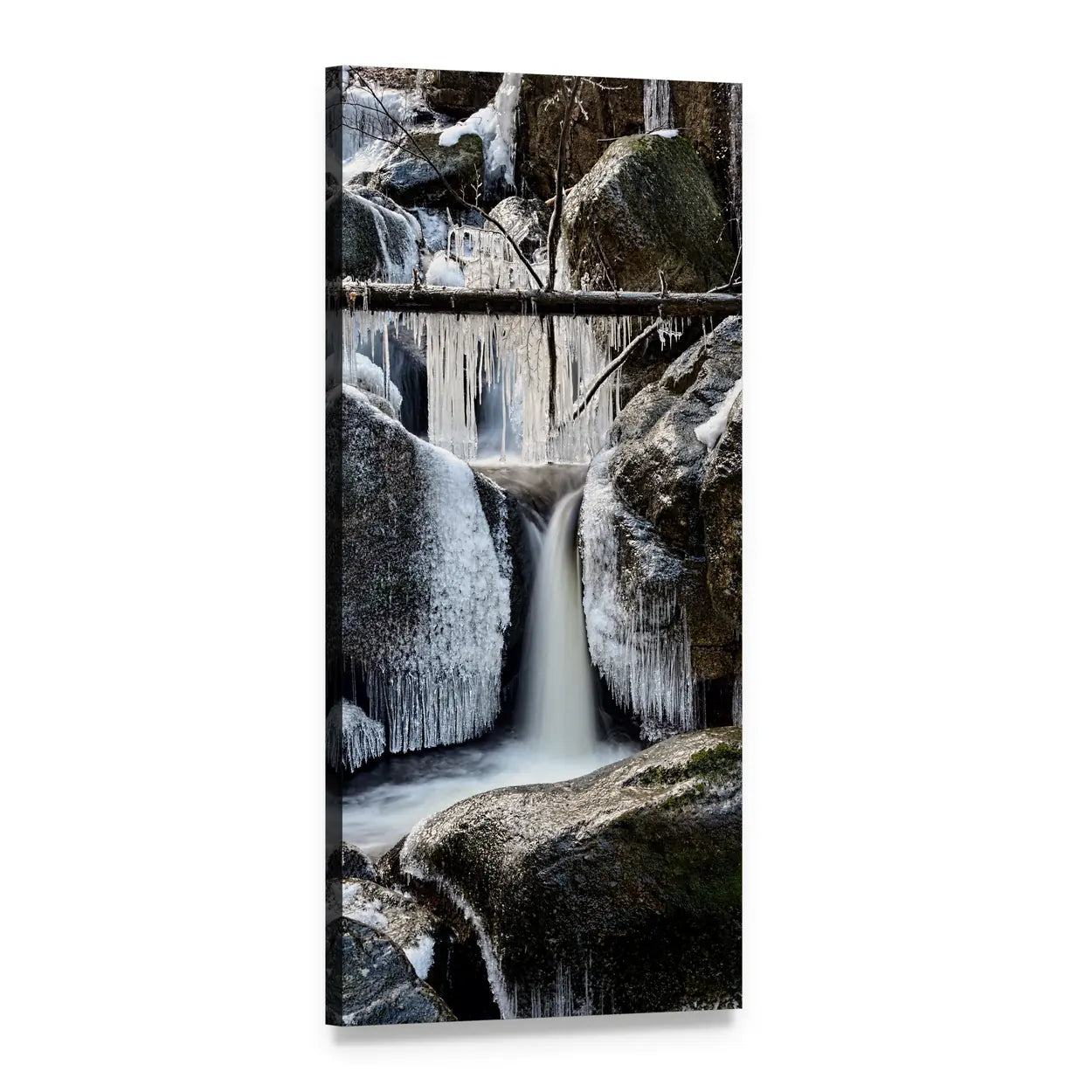 Icicle-lined Winter Waterfall Vertical Canvas Wall Art, 1 panel 1 Vertical layout gallery wrapped canvas set, angled product view
