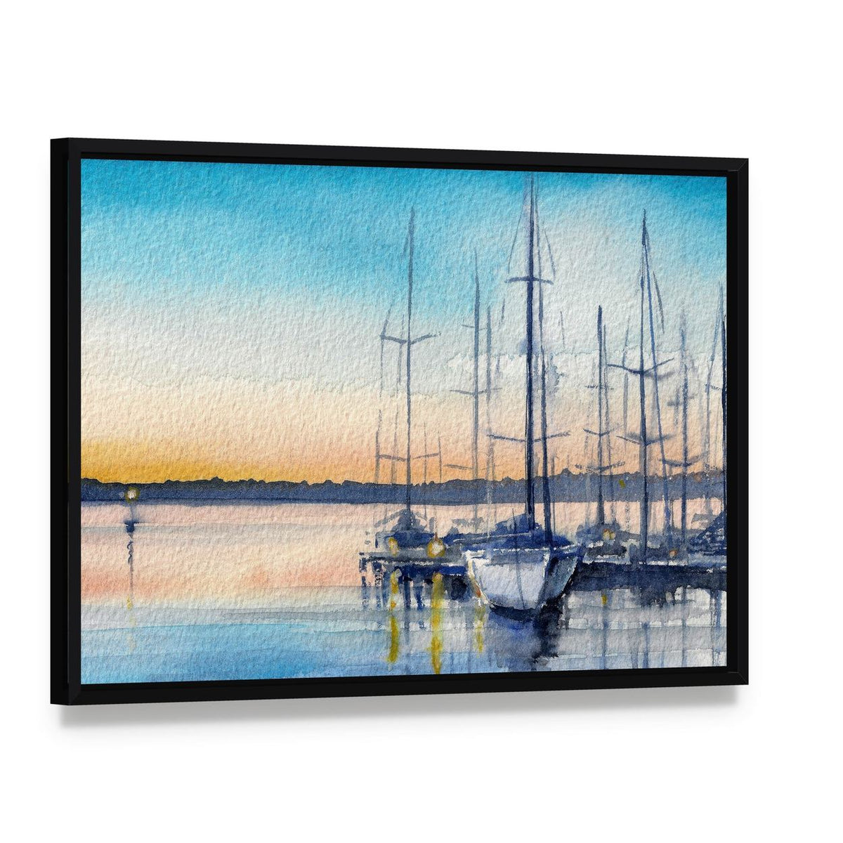Summer Landscape with Sailboats in Bay Canvas Wall Art, framed canvas in a black floater frame, angled product view