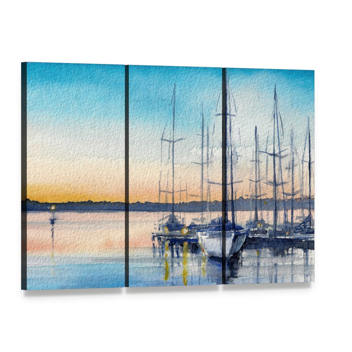 Summer Landscape with Sailboats in Bay Canvas Wall Art, 3 panel 3 Horizontal layout gallery wrapped canvas set, angled product view