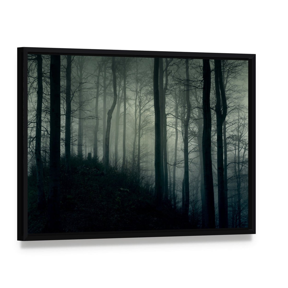 Foggy Jungle Horror Canvas Wall Art, framed canvas in a black floater frame, angled product view