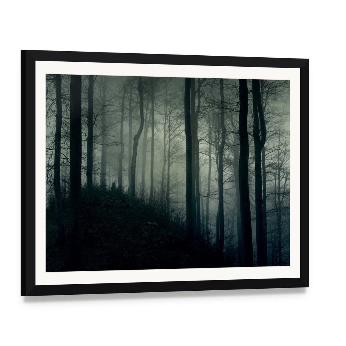 Foggy Jungle Horror Canvas Wall Art, framed print with white mat and black frame, angled product view