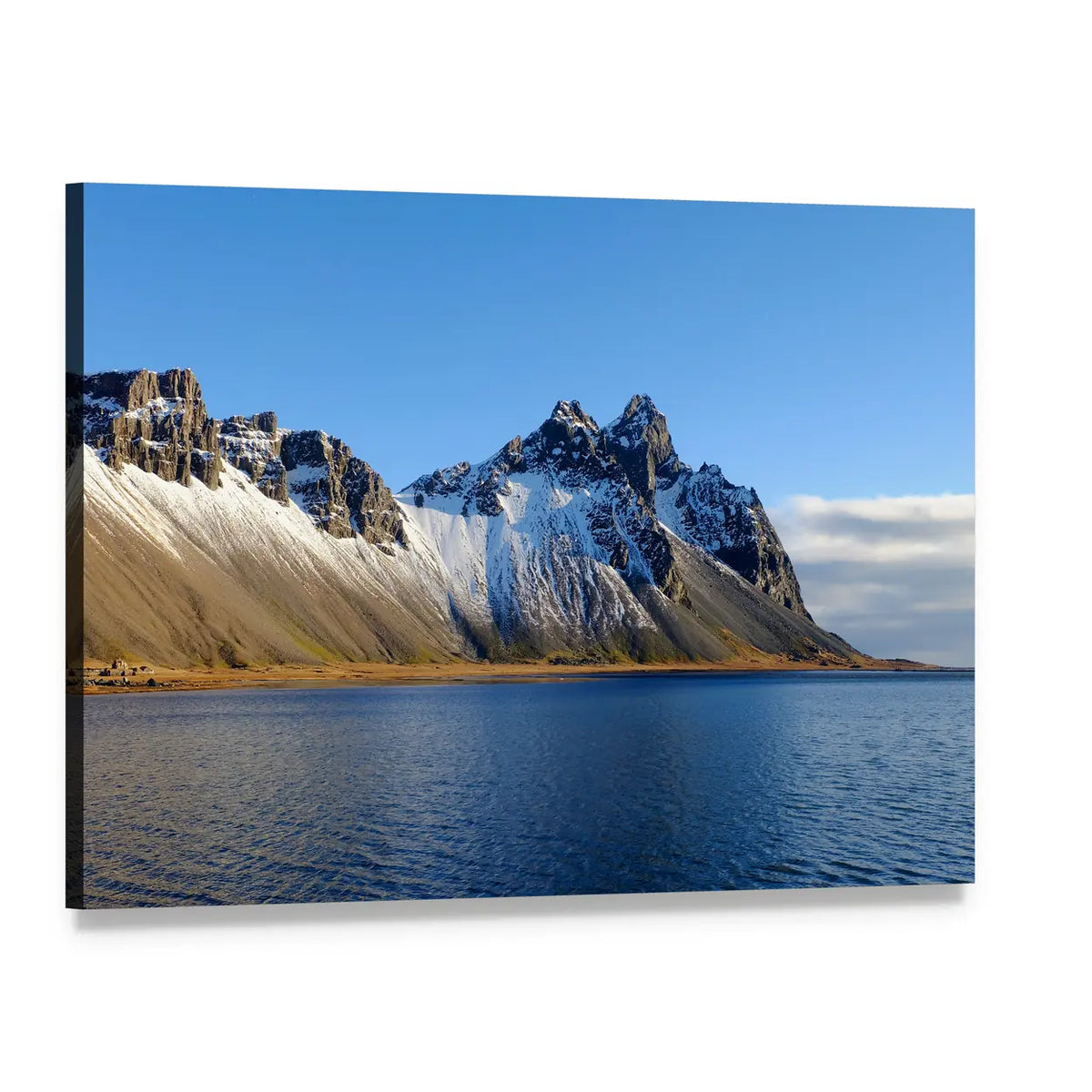 Cliff Beside Lake with Snow-capped Peaks Canvas Wall Art, single panel gallery wrapped canvas, angled product view