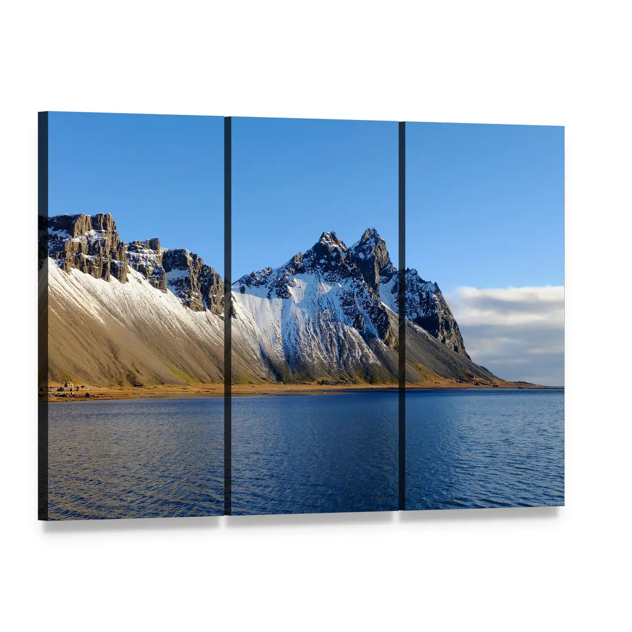 Cliff Beside Lake Canvas Wall Art, 3 panel 3 Horizontal layout gallery wrapped canvas set, angled product view