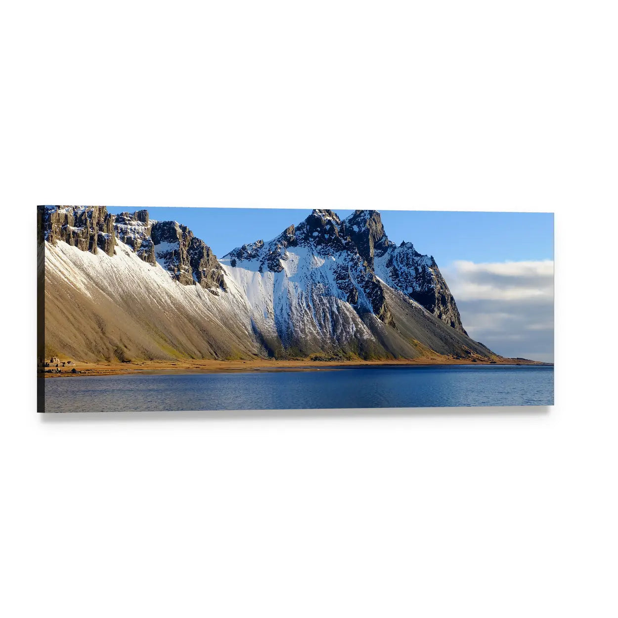 Snow-dusted Cliff Beside Lake Panoramic Canvas Wall Art, single panel gallery wrapped canvas, angled product view
