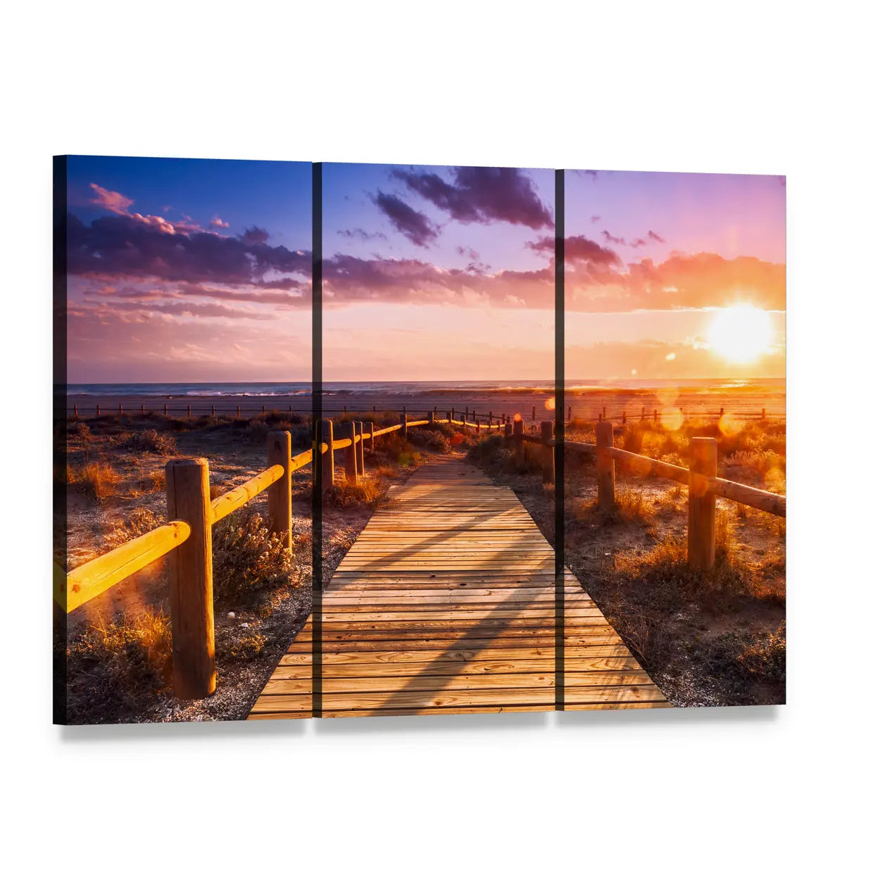 Sunset Boardwalk Near Almeria Canvas Wall Art, 3 panel 3 Horizontal layout gallery wrapped canvas set, angled product view