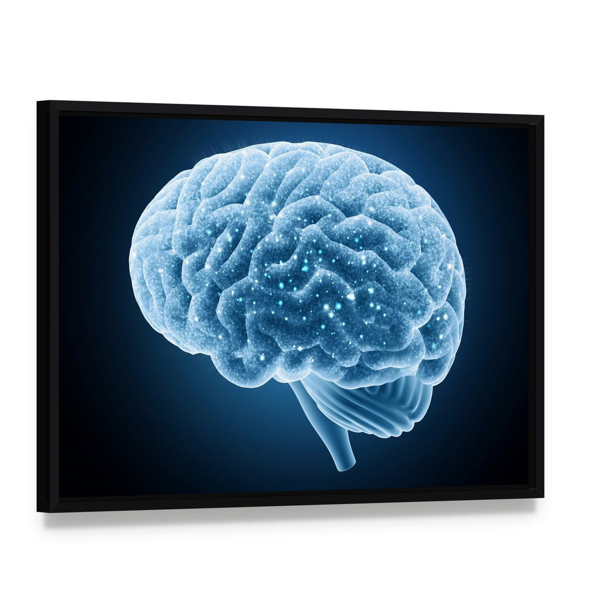 Glowing Blue Brain Structure Canvas Wall Art, framed canvas in a black floater frame, angled product view