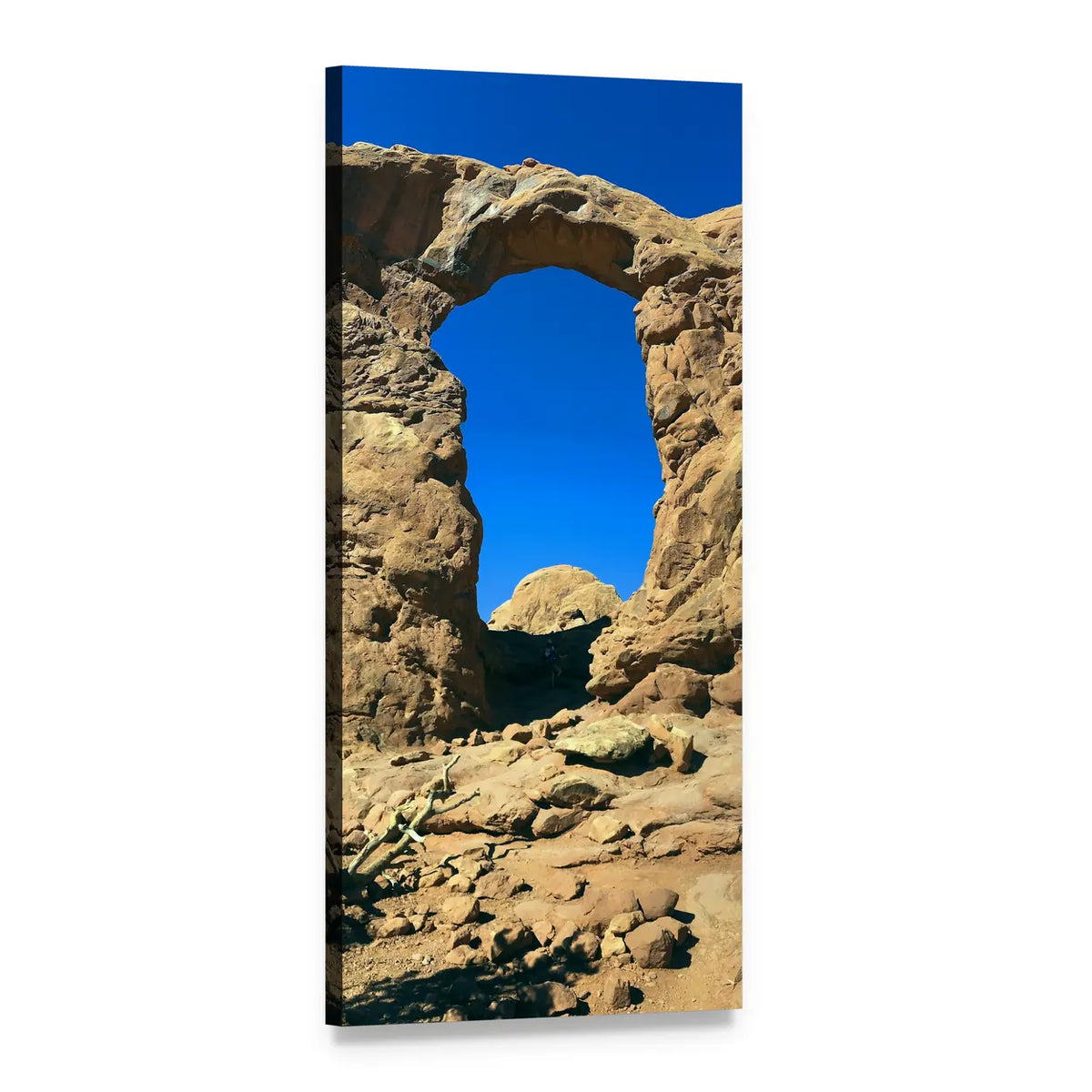 Sandstone Arch in Desert Landscape Vertical Canvas Wall Art, 1 panel 1 Vertical layout gallery wrapped canvas set, angled product view