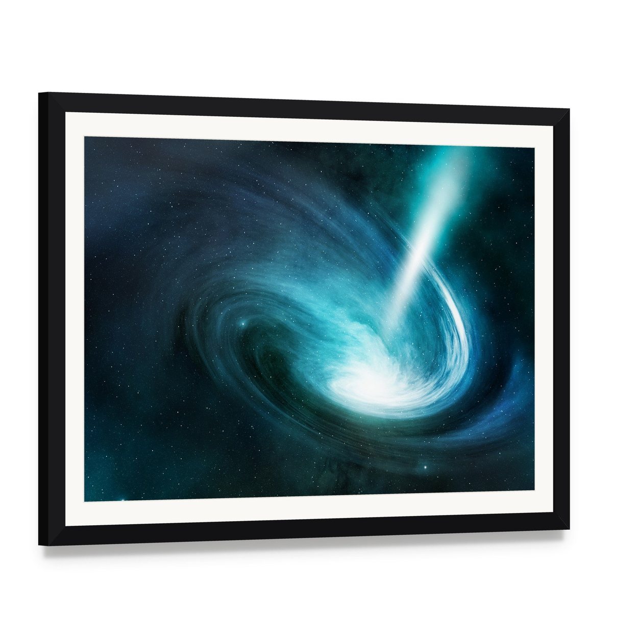 Spiral Nebula and Light Ray Canvas Wall Art, framed print with white mat and black frame, angled product view