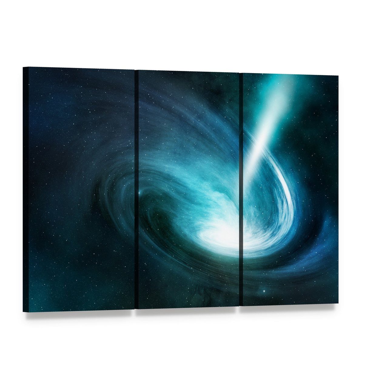 Spiral Nebula and Light Ray Canvas Wall Art, 3 panel 3 Horizontal layout gallery wrapped canvas set, angled product view
