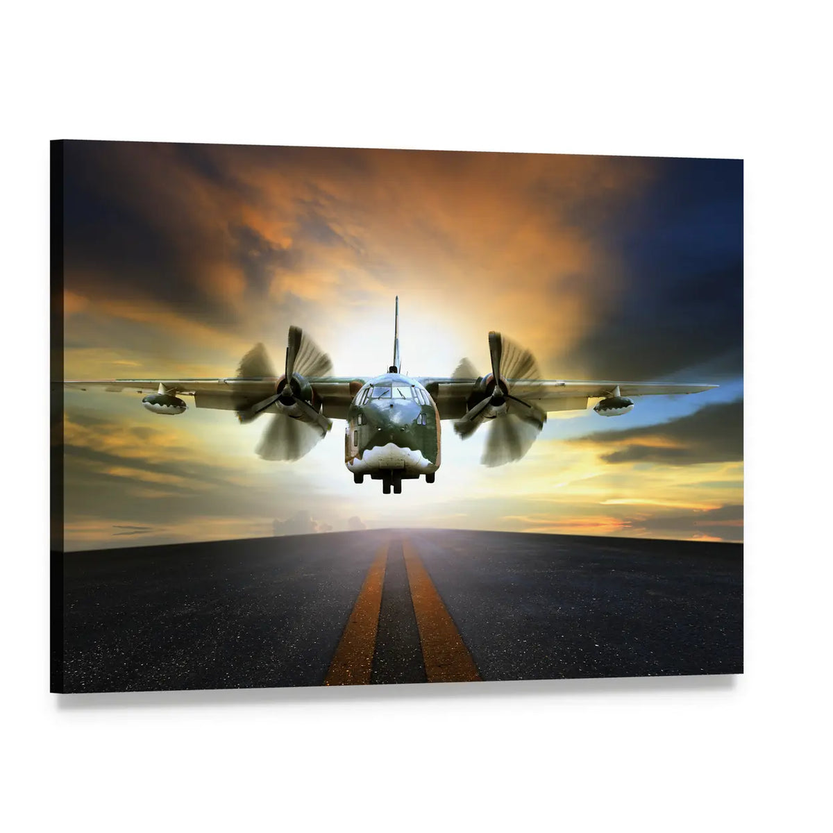 Camouflaged Military Transport Plane at Sunset Canvas Wall Art, single panel gallery wrapped canvas, angled product view