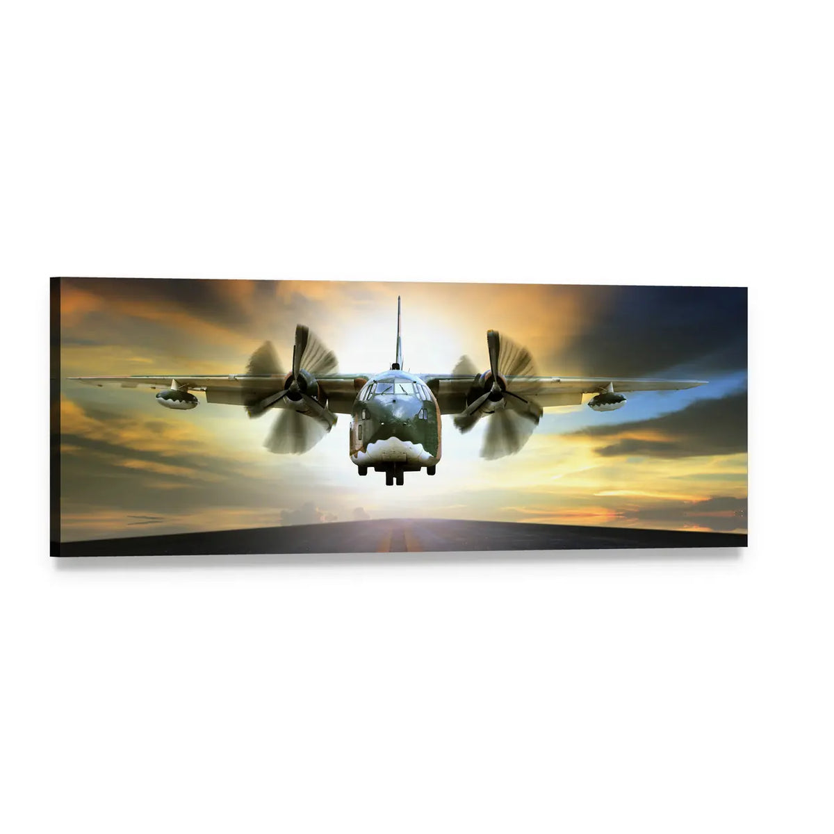 Old Military Cargo Plane at Dusk Panoramic Canvas Wall Art, single panel gallery wrapped canvas, angled product view