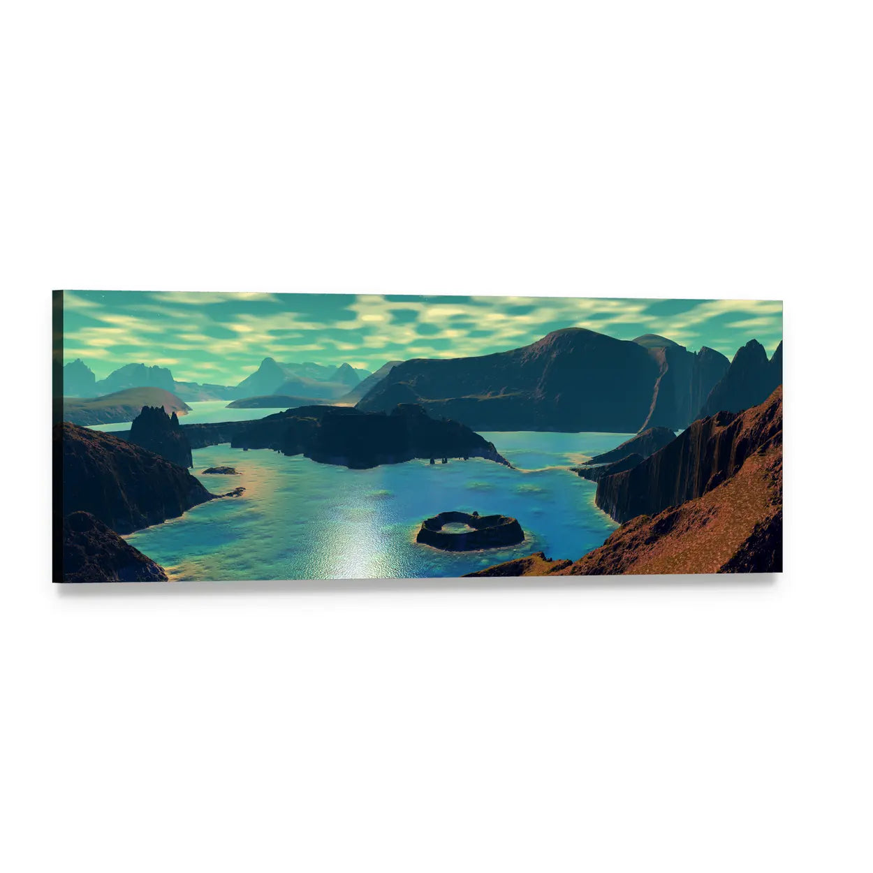 Alien Planet Seascape Panoramic Canvas Wall Art, single panel gallery wrapped canvas, angled product view